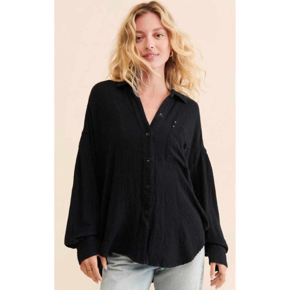 Free People Hidden Valley Button Down Black Shirt Textured Oversized Lounge S - Picture 11 of 13